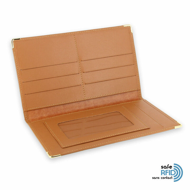 porte chequier portefeuille cuir beige gold protection carte sans contact rfid 3