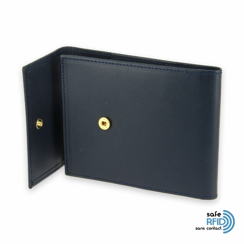 porte chequier pliable cuir bleu marine 3 cartes talon gauche protection carte sans contact rfid 4