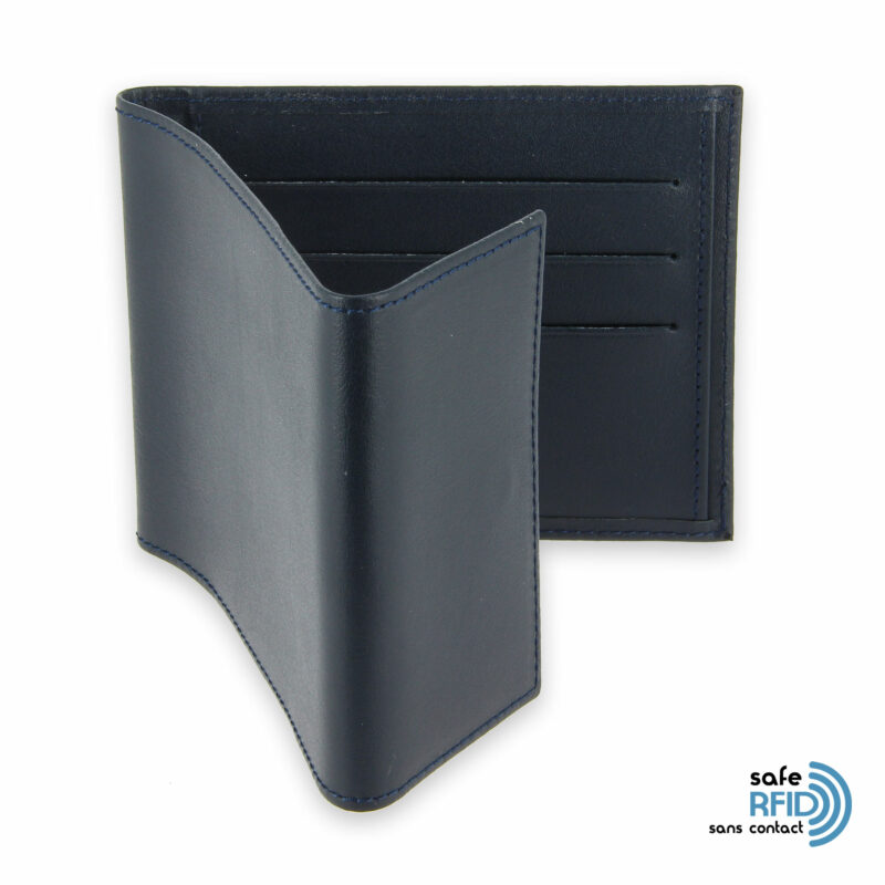 porte chequier pliable cuir bleu marine 3 cartes talon gauche protection carte sans contact rfid 3