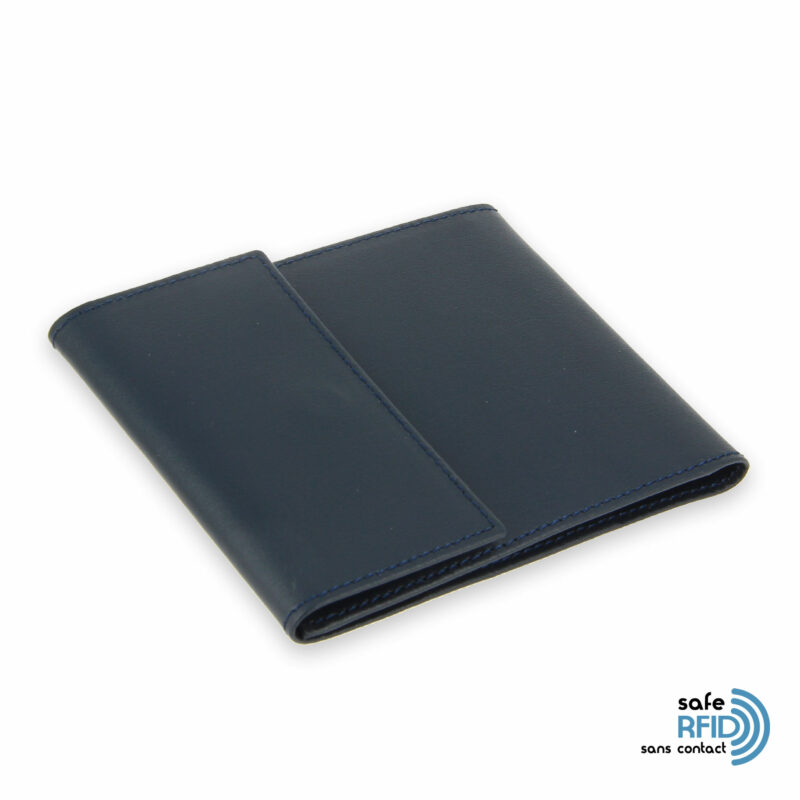 porte chequier pliable cuir bleu marine 3 cartes talon gauche protection carte sans contact rfid 2