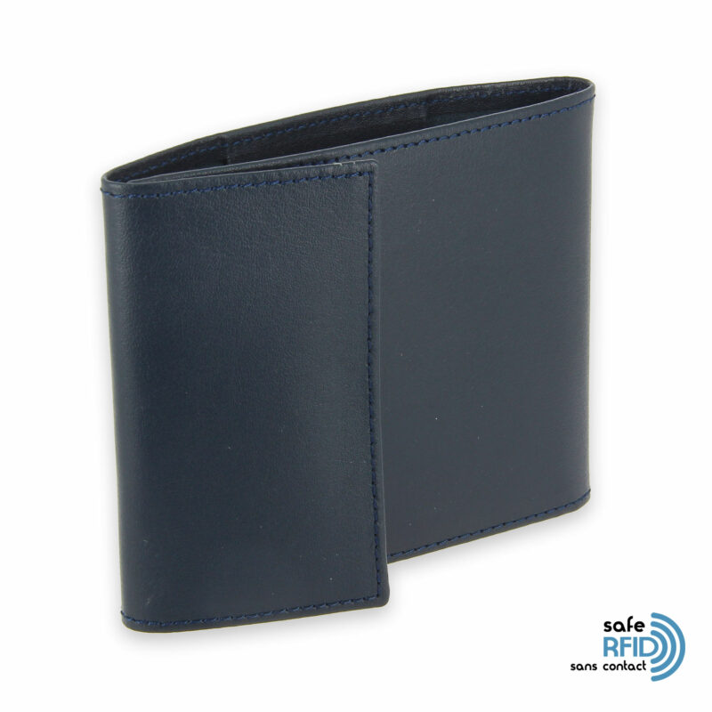 porte chequier pliable cuir bleu marine 3 cartes talon gauche protection carte sans contact rfid 1