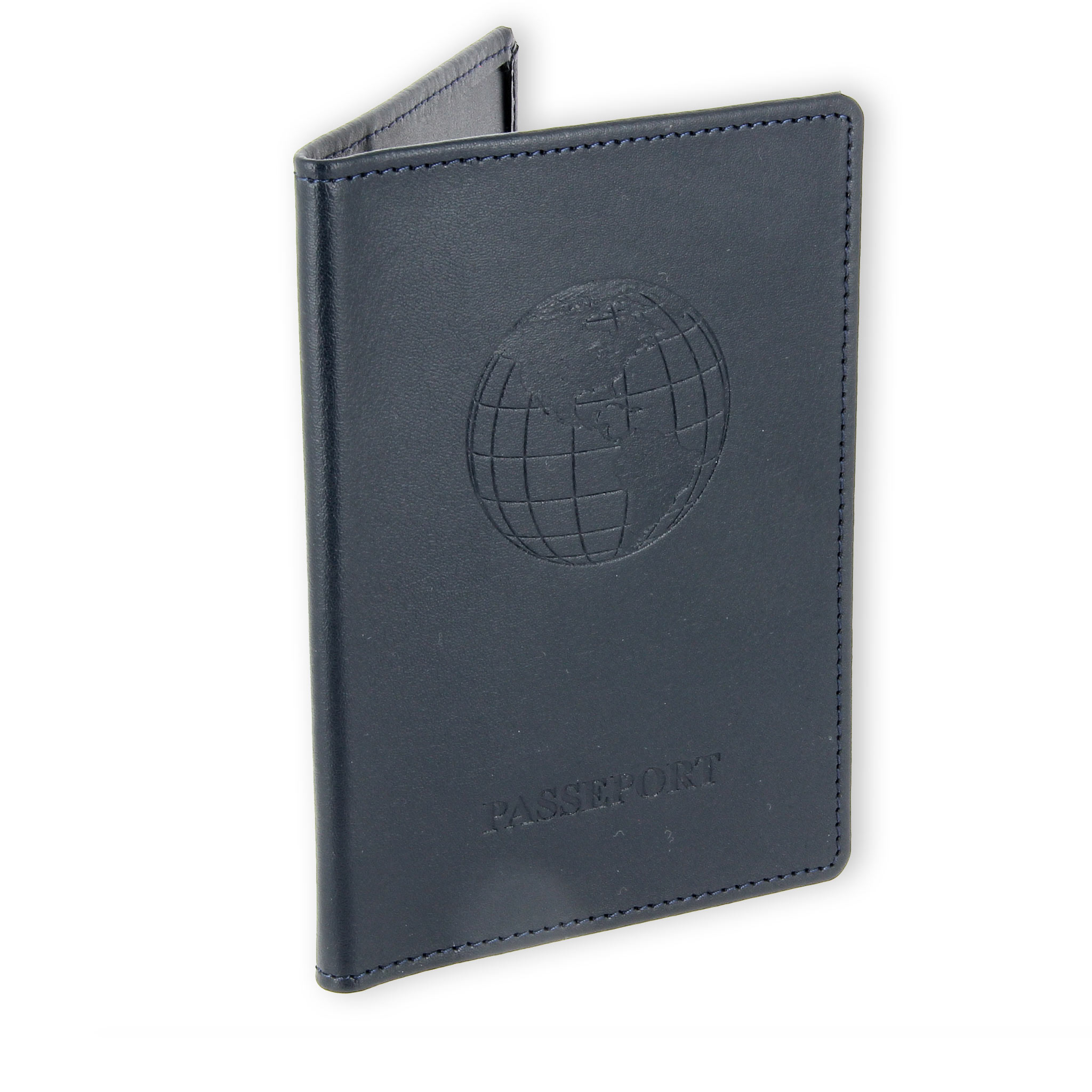 Protège passeport en cuir bleu marine - 14 x 10,5 cm - Marquage drakkar